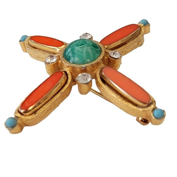 Gold Tone Orange Bezel Set, Green Mottled Cab Maltese Cross Brooch Pendant E782 - Picture 3 of 10